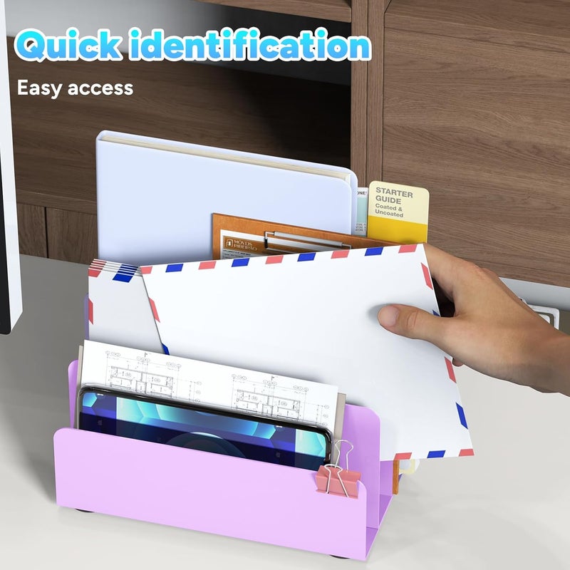 OUTIOE Mail Organizer Countertop, Small Desk File Organizer, Metal File Holder - Essential Workspace Organizers for Office Desk, Home Office (Purple) - Image 4